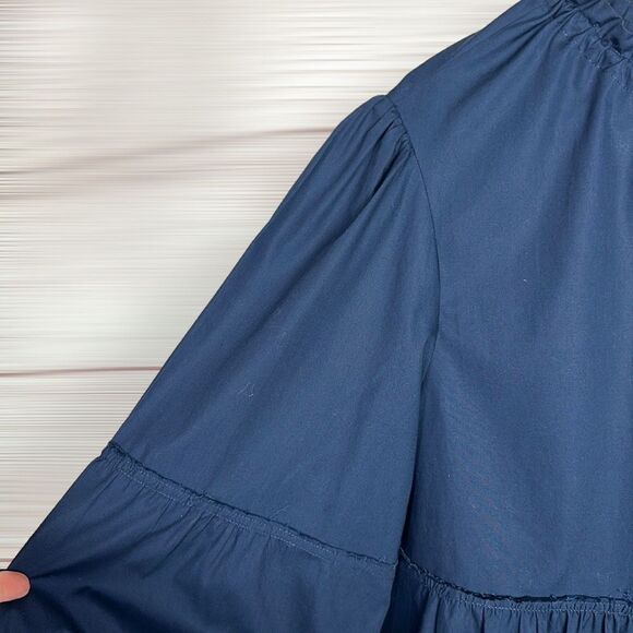 YUNE HO Cotton Navy Blue Peplum Top Relaxed Fit Blouse Drawstring Neck M - Picture 8 of 15